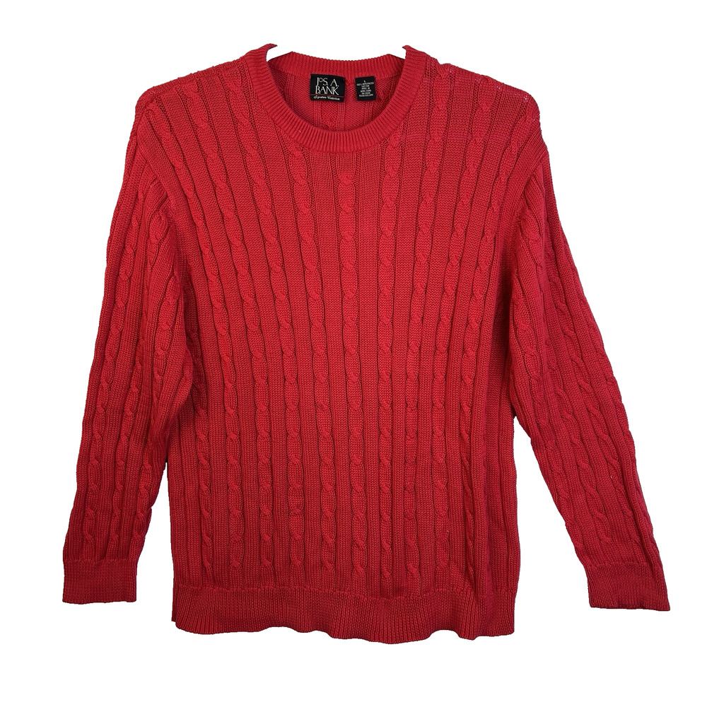 Cable Knit Fisherman Sweater Men Large Cotton Red Holidays Jos A Banks